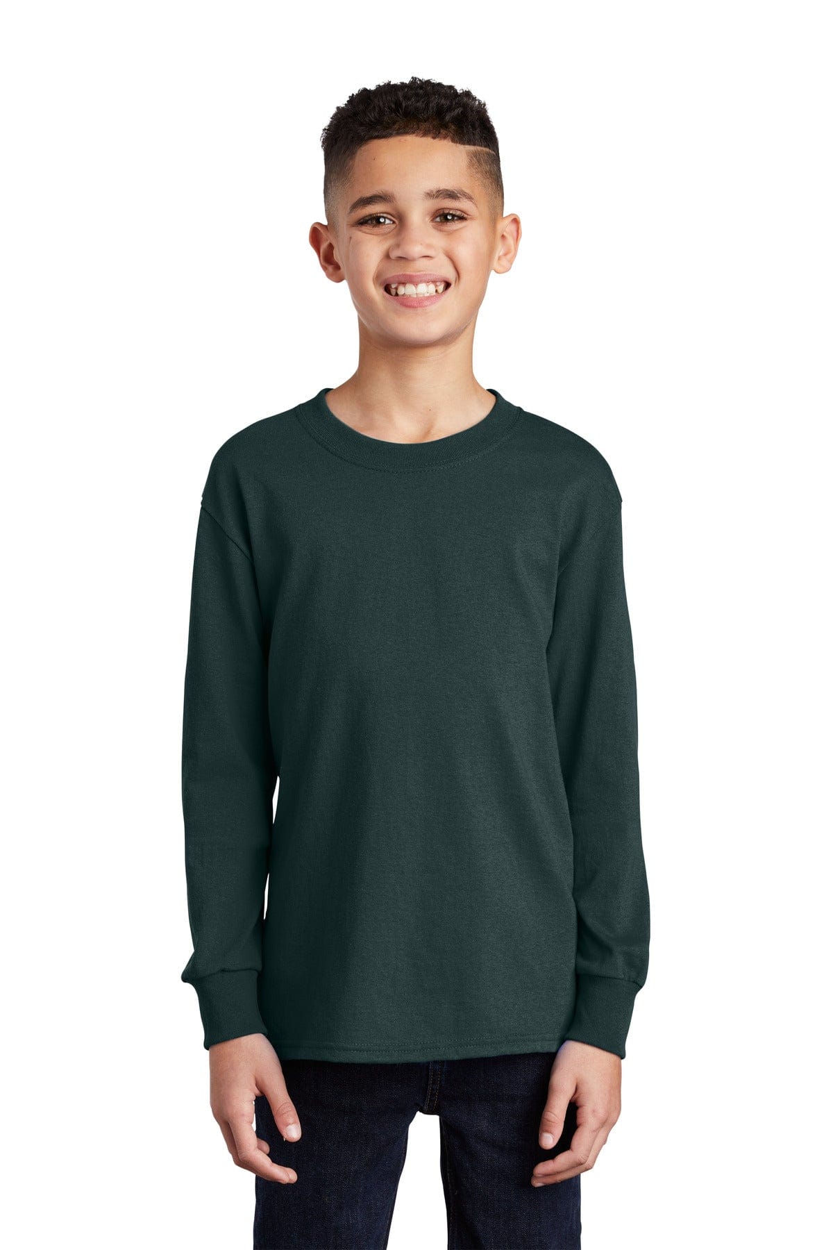 Port & Company Youth Long Sleeve Core Cotton Tee. PC54YLS, Basic Colors in Dark Green