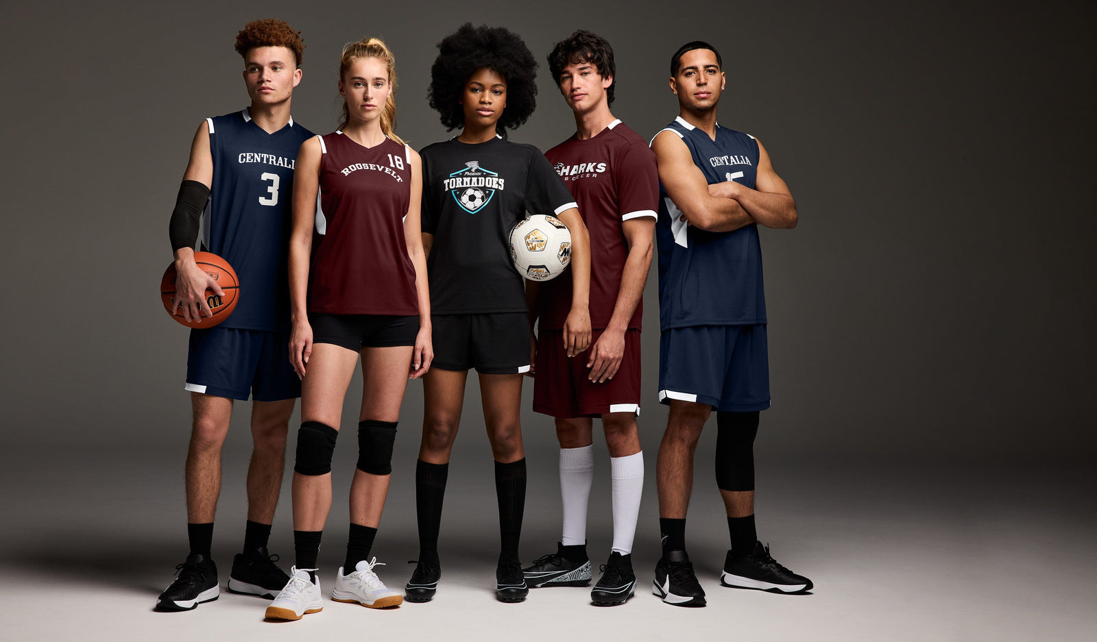 Five individuals wearing sports uniforms with various sports equipment on a gray background