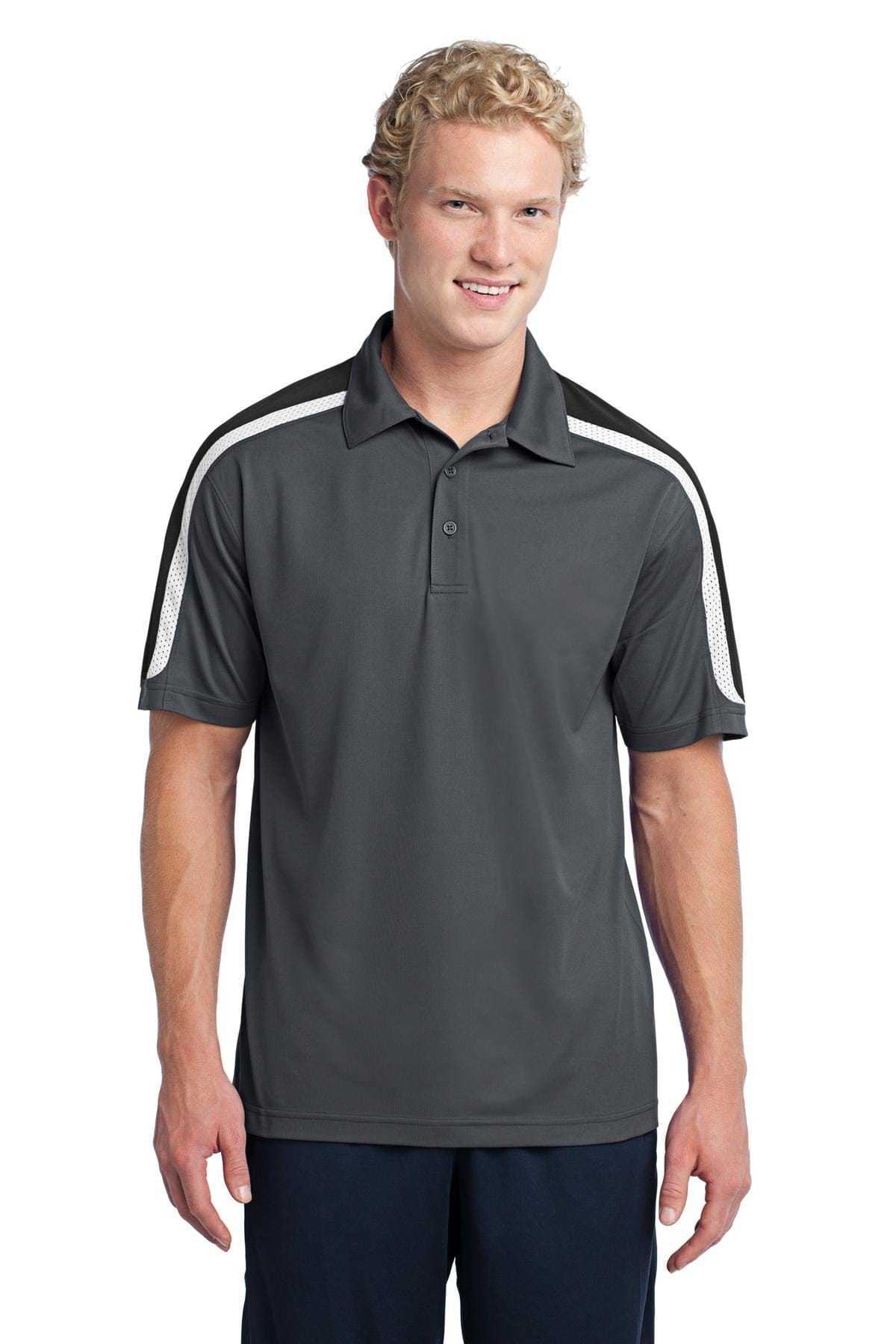 Sport-Tek ST658 Tricolor Shoulder Micropique Sport-Wick Polo in Iron Grey/ Black/ White