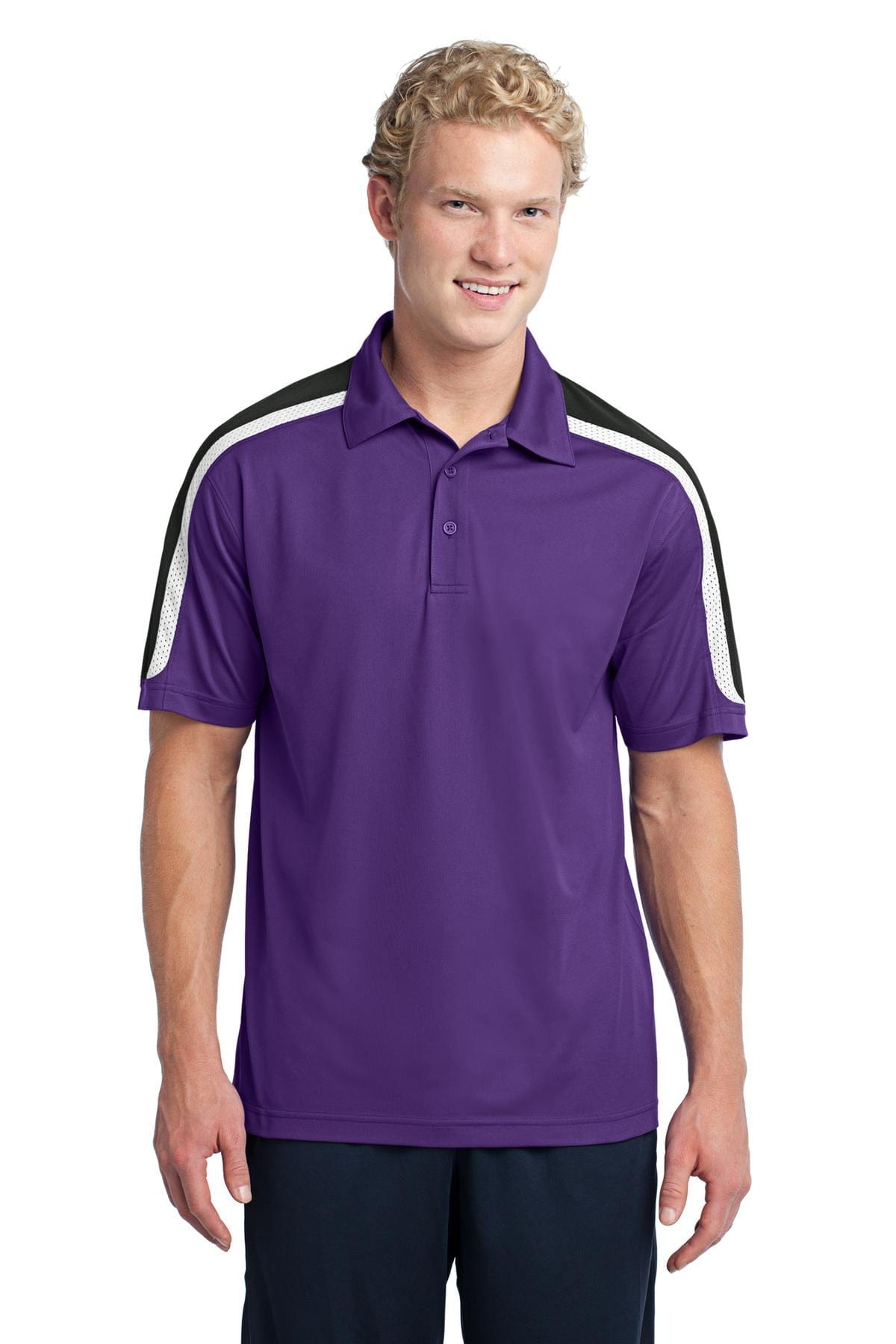 Sport-Tek ST658 Tricolor Shoulder Micropique Sport-Wick Polo in Purple/ Black/ White