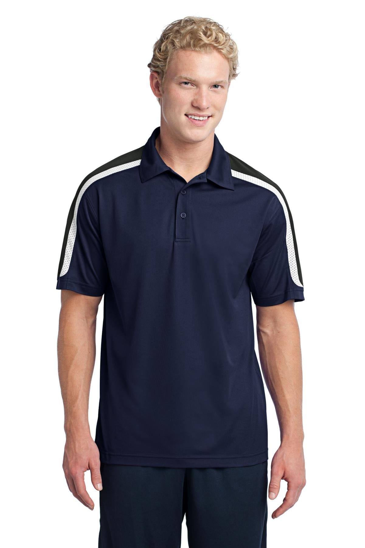 Sport-Tek ST658 Tricolor Shoulder Micropique Sport-Wick Polo in True Navy/ Black/ White