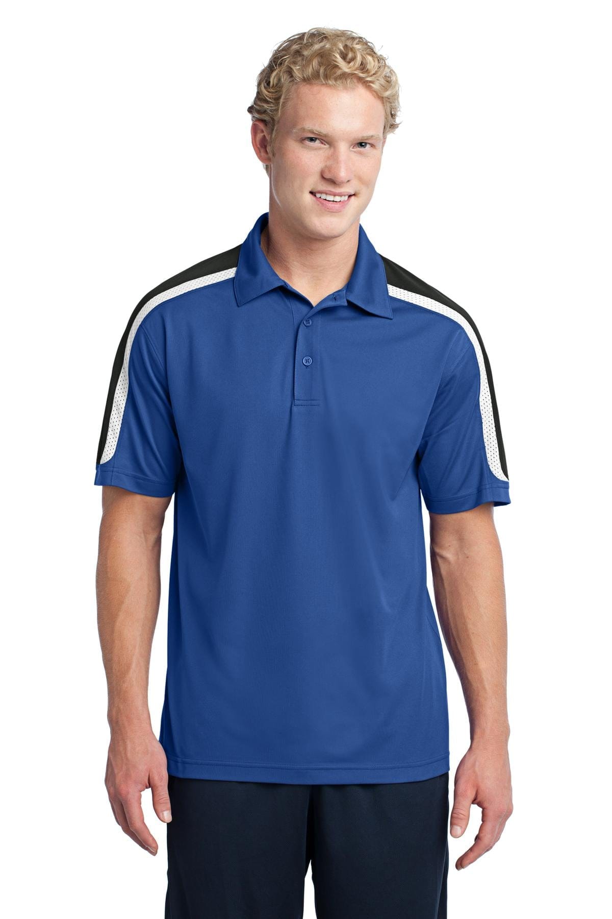 Sport-Tek ST658 Tricolor Shoulder Micropique Sport-Wick Polo in True Royal/ Black/ White