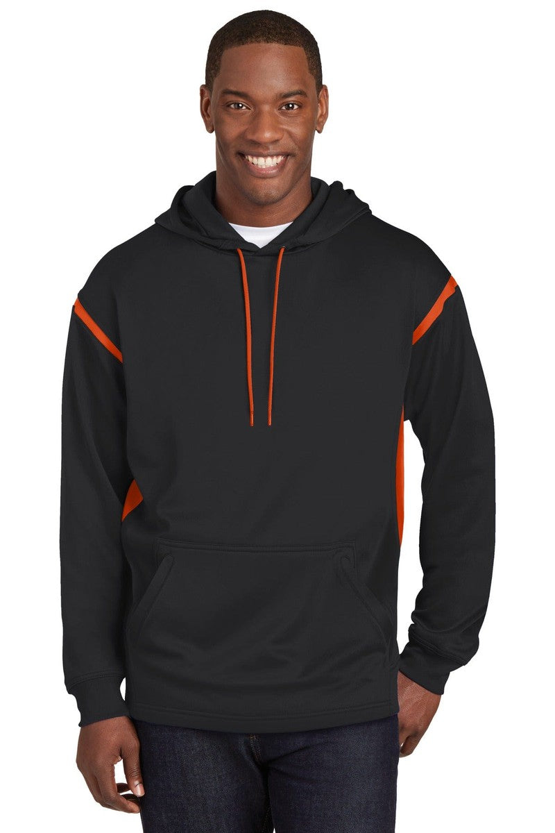 Sport-Tek F246 Tech Fleece Colorblock Hooded Sweatshirt in Black/ Deep Orange