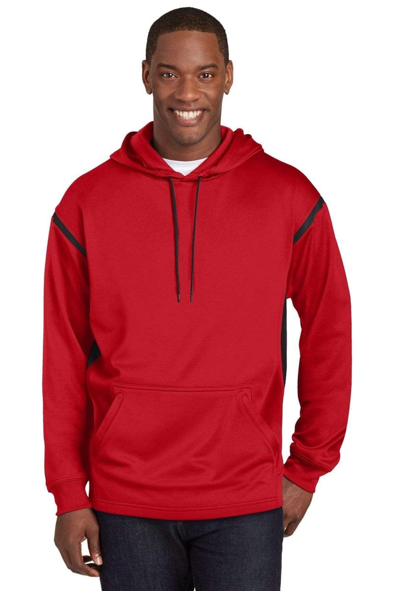 Sport-Tek F246 Tech Fleece Colorblock Hooded Sweatshirt in True Red/ Black