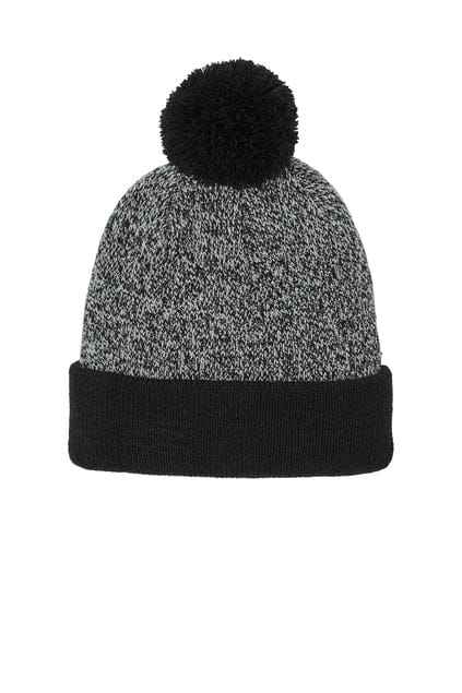 Sport-Tek Halftime Heather Pom Beanie STC68 in Black/ Silver