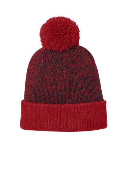 Sport-Tek Halftime Heather Pom Beanie STC68 in Deep Red/ Black