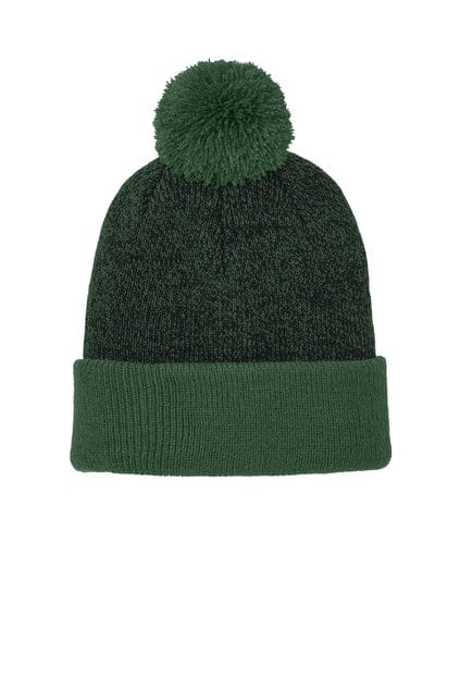 Sport-Tek Halftime Heather Pom Beanie STC68 in Forest Green/ Black