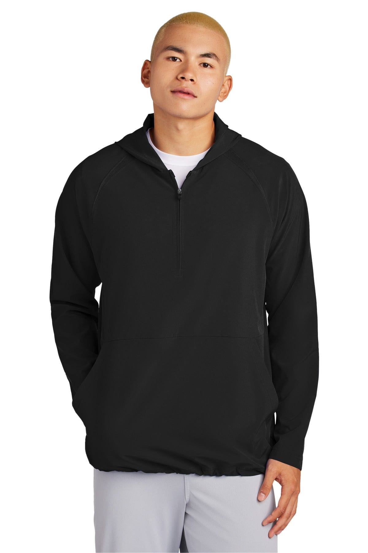 Sport-Tek JST488 Repeat 1/2-Zip Long Sleeve Hooded Jacket in Black