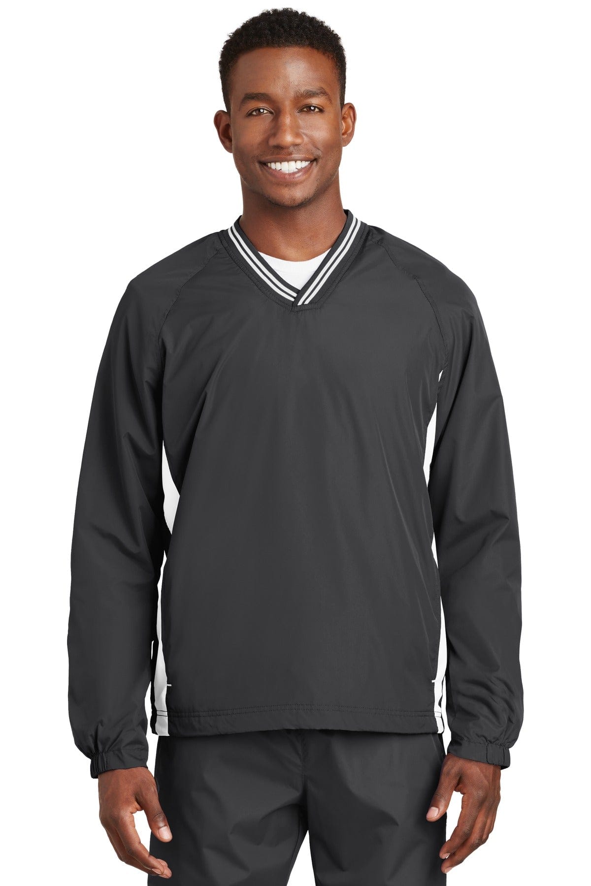 Sport-Tek JST62 Tipped V-Neck Raglan Wind Shirt in Graphite/ White