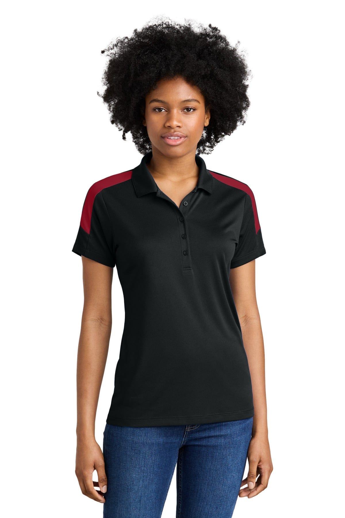 Sport-Tek LST104 Women's Competitor United Polo in Black/ Deep Red