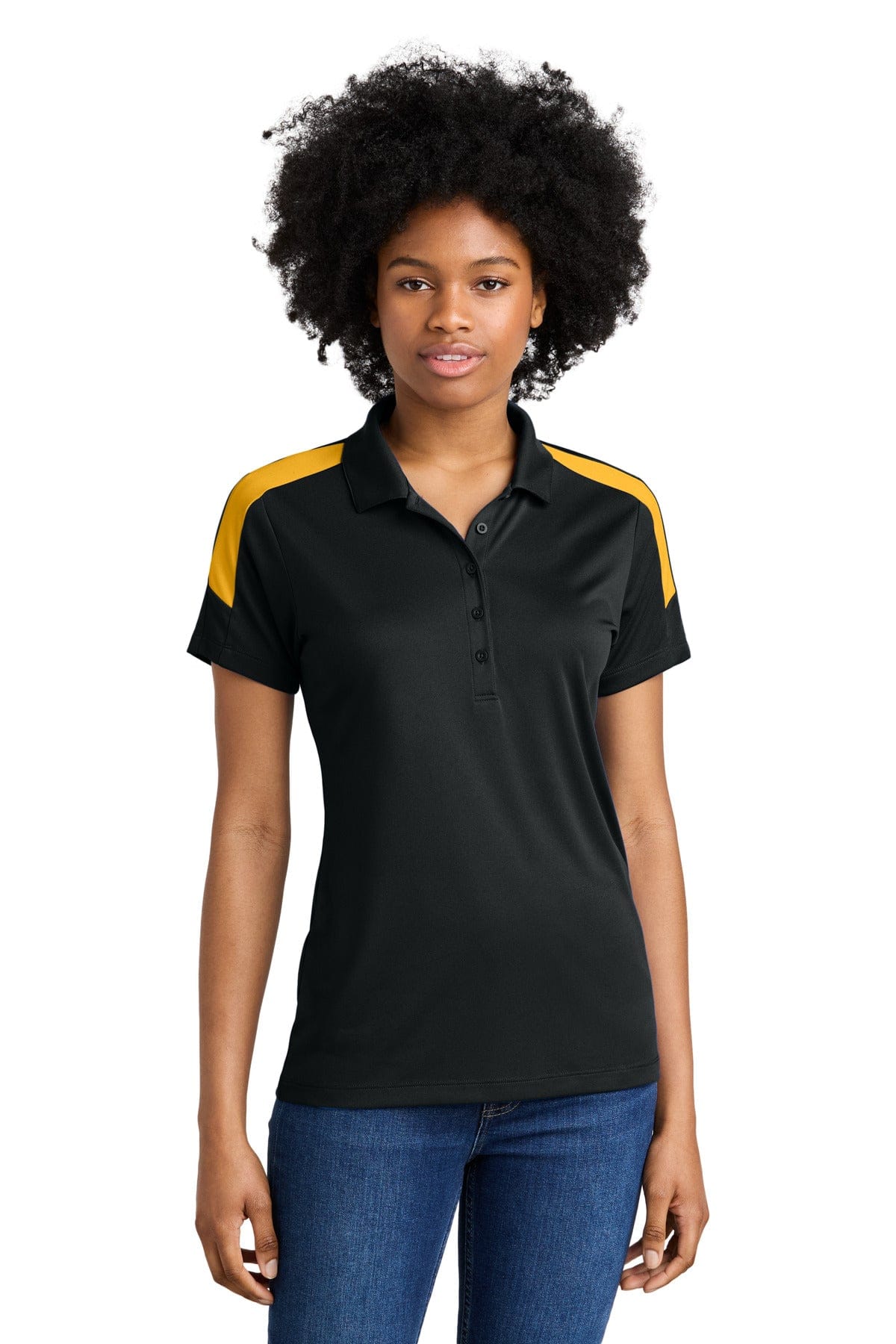 Sport-Tek LST104 Women's Competitor United Polo in Black/ Gold