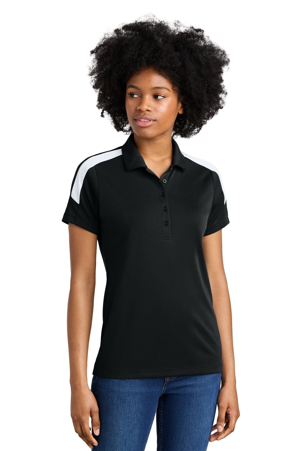 Sport-Tek LST104 Women's Competitor United Polo in Black/ White