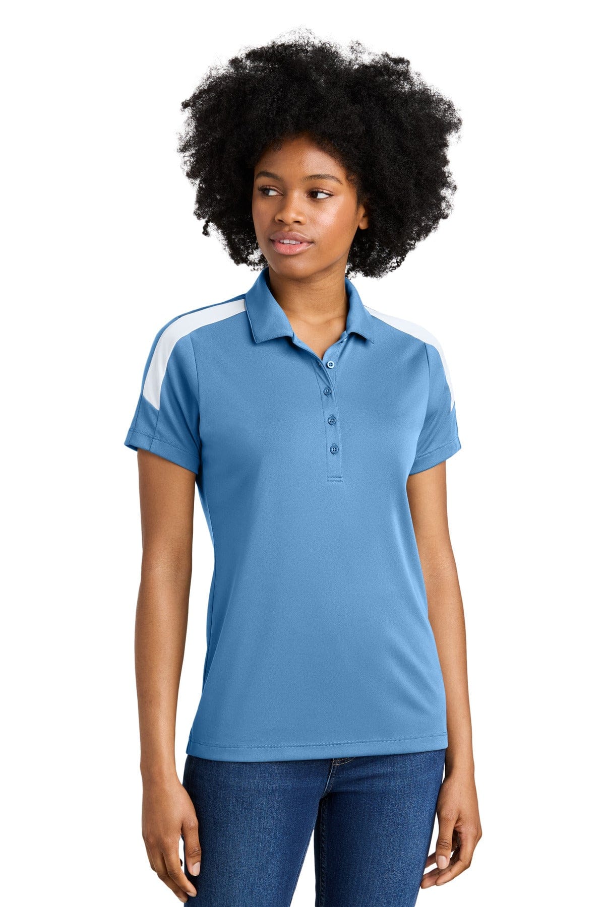 Sport-Tek LST104 Women's Competitor United Polo in Carolina Blue/ White