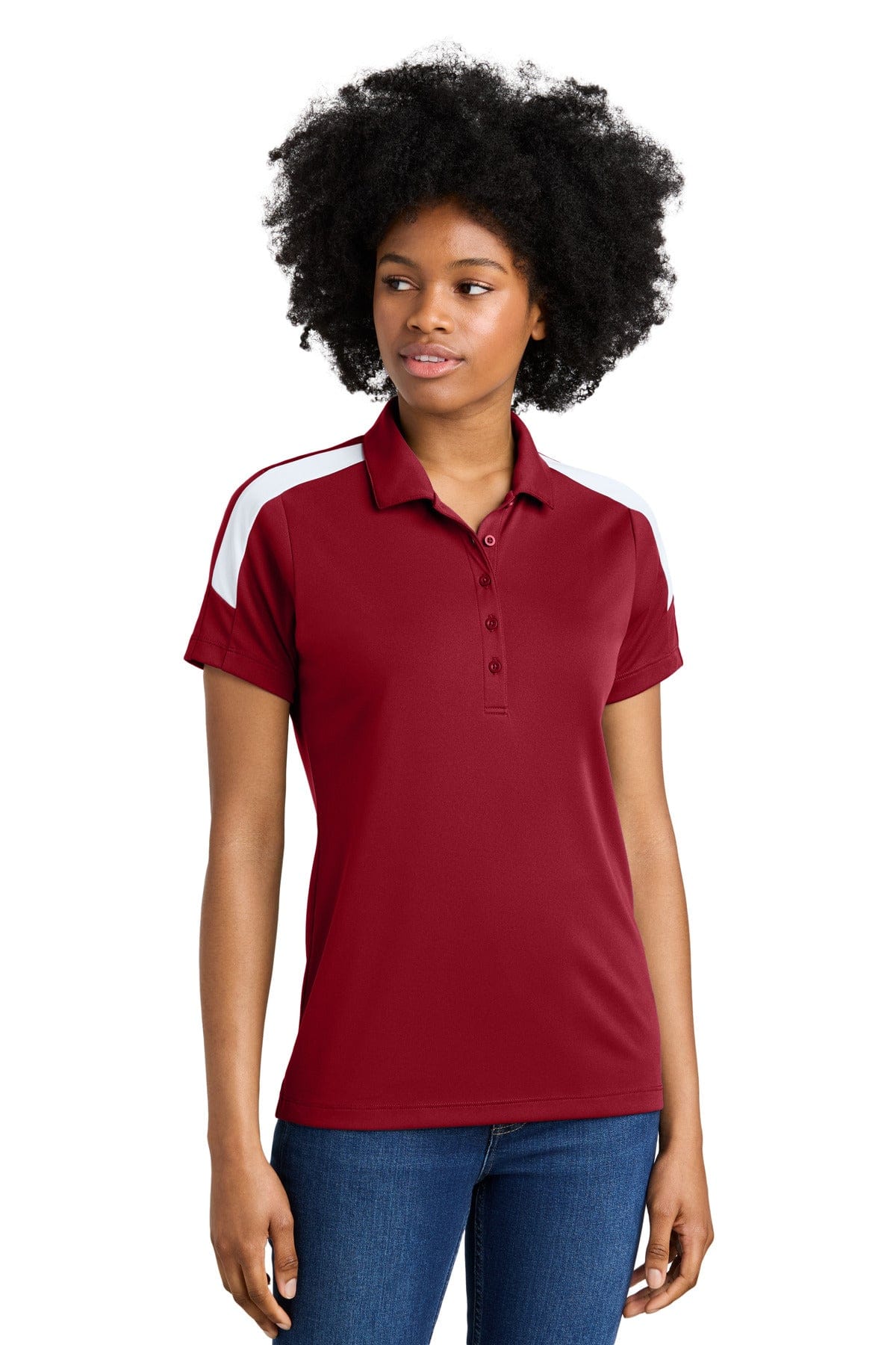 Sport-Tek LST104 Women's Competitor United Polo in Deep Red/ White