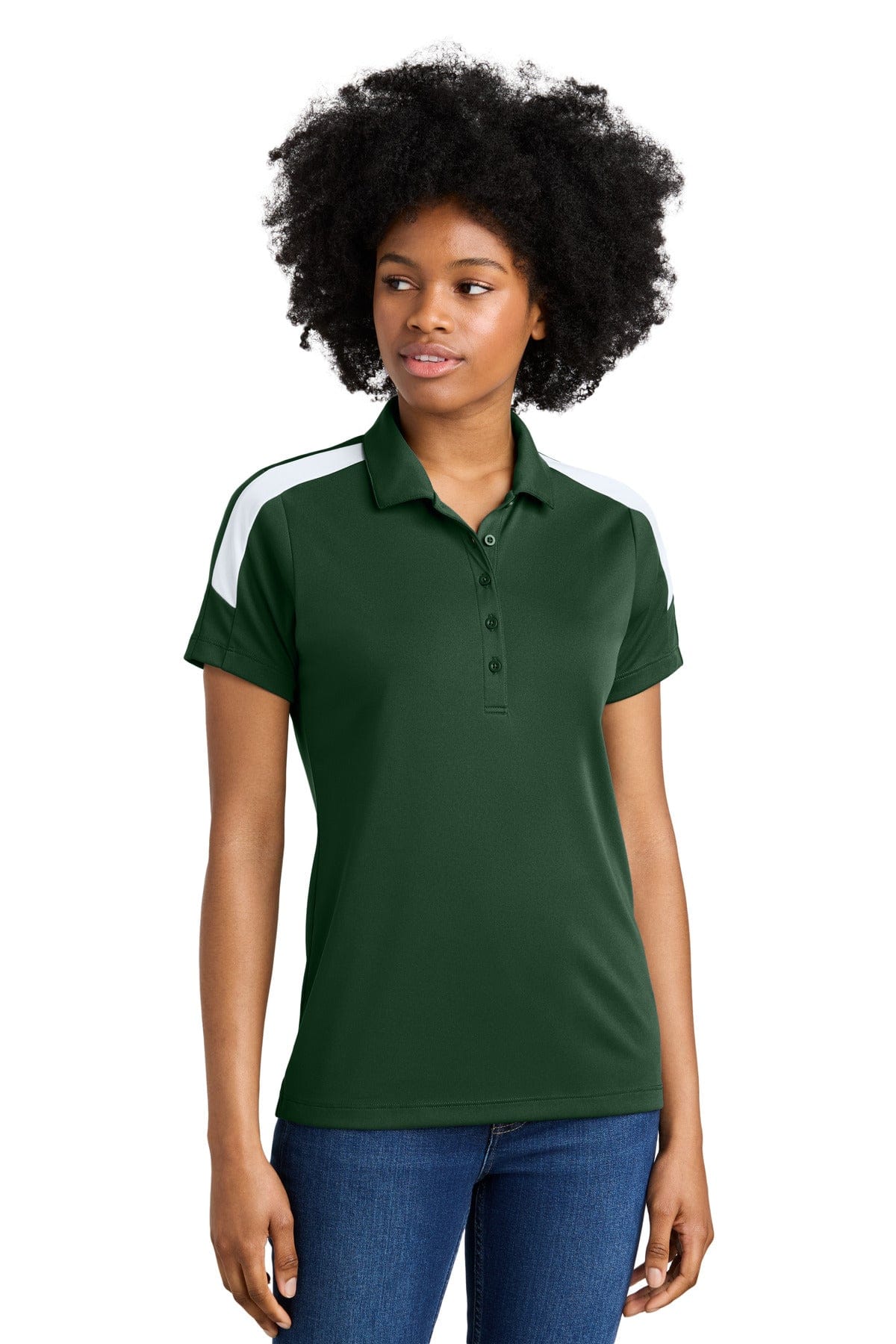 Sport-Tek LST104 Women's Competitor United Polo in Forest Green/ White