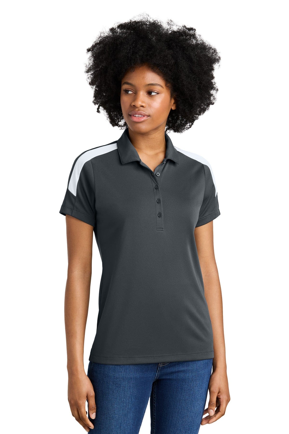 Sport-Tek LST104 Women's Competitor United Polo in Iron Grey/ White
