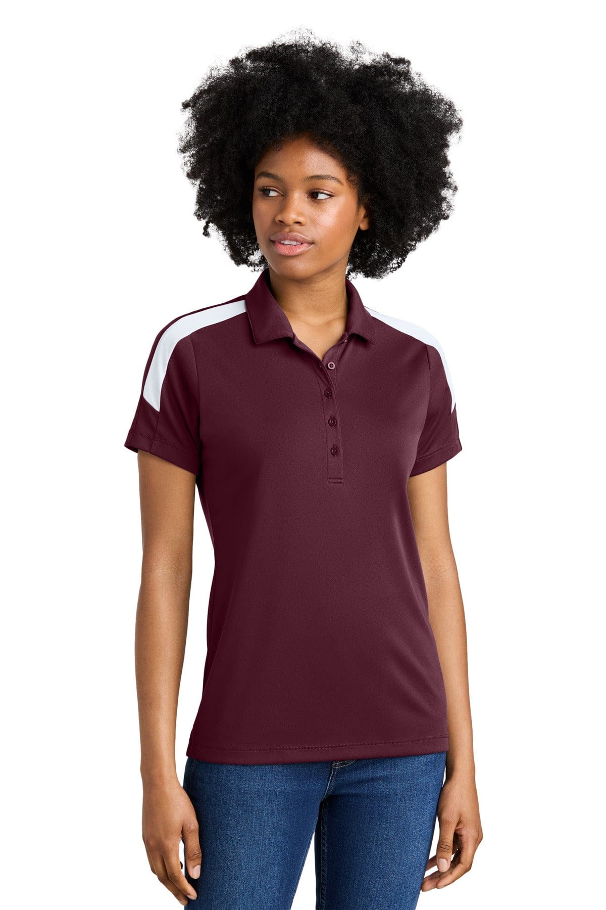 Sport-Tek LST104 Women's Competitor United Polo in Maroon/ White