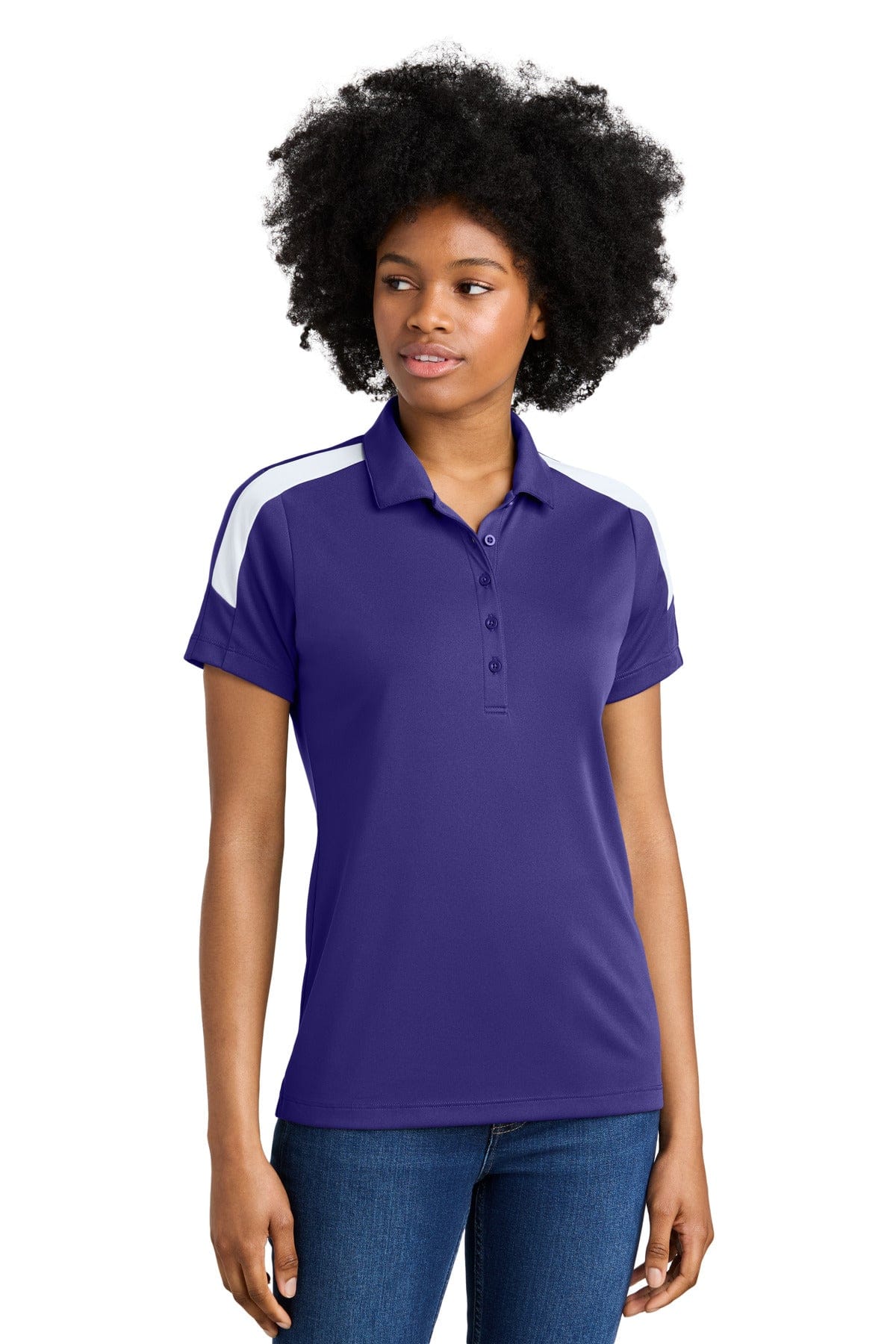 Sport-Tek LST104 Women's Competitor United Polo in Purple/ White