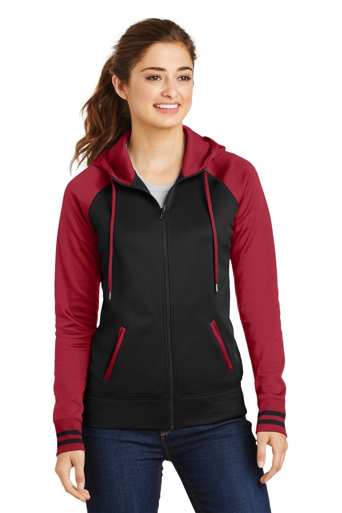 Sport-Tek LST236 Ladies Sport-Wick Varsity Fleece Full-Zip Hooded Jacket in Black/ Deep Red