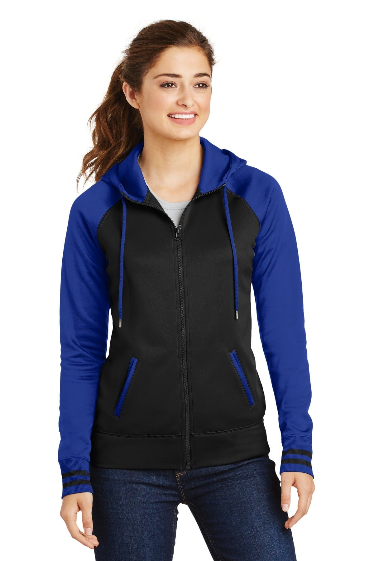 Sport-Tek LST236 Ladies Sport-Wick Varsity Fleece Full-Zip Hooded Jacket in Black/ True Royal