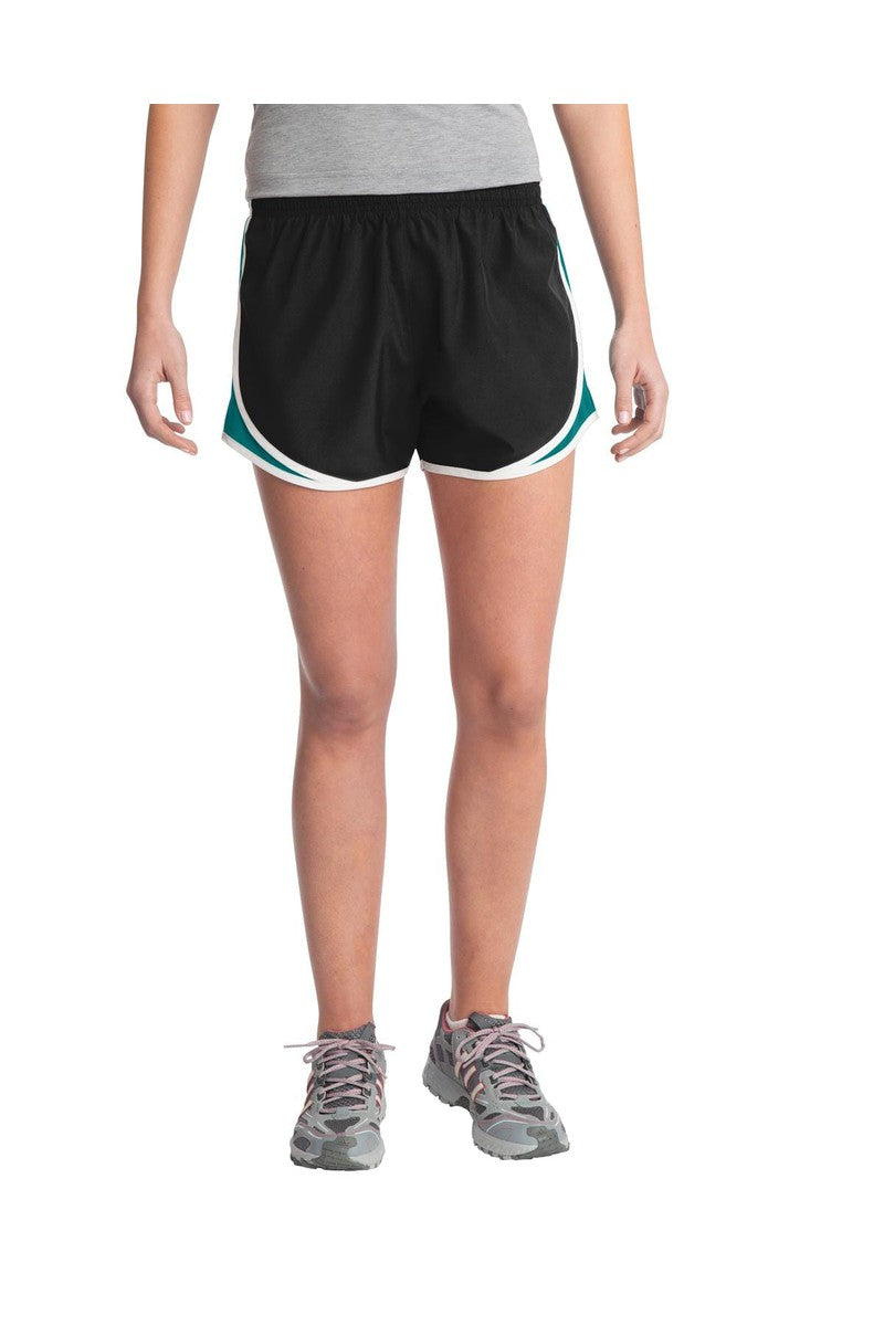 Sport-Tek LST304 Ladies Cadence Short in Black/ Tropic Blue/ White