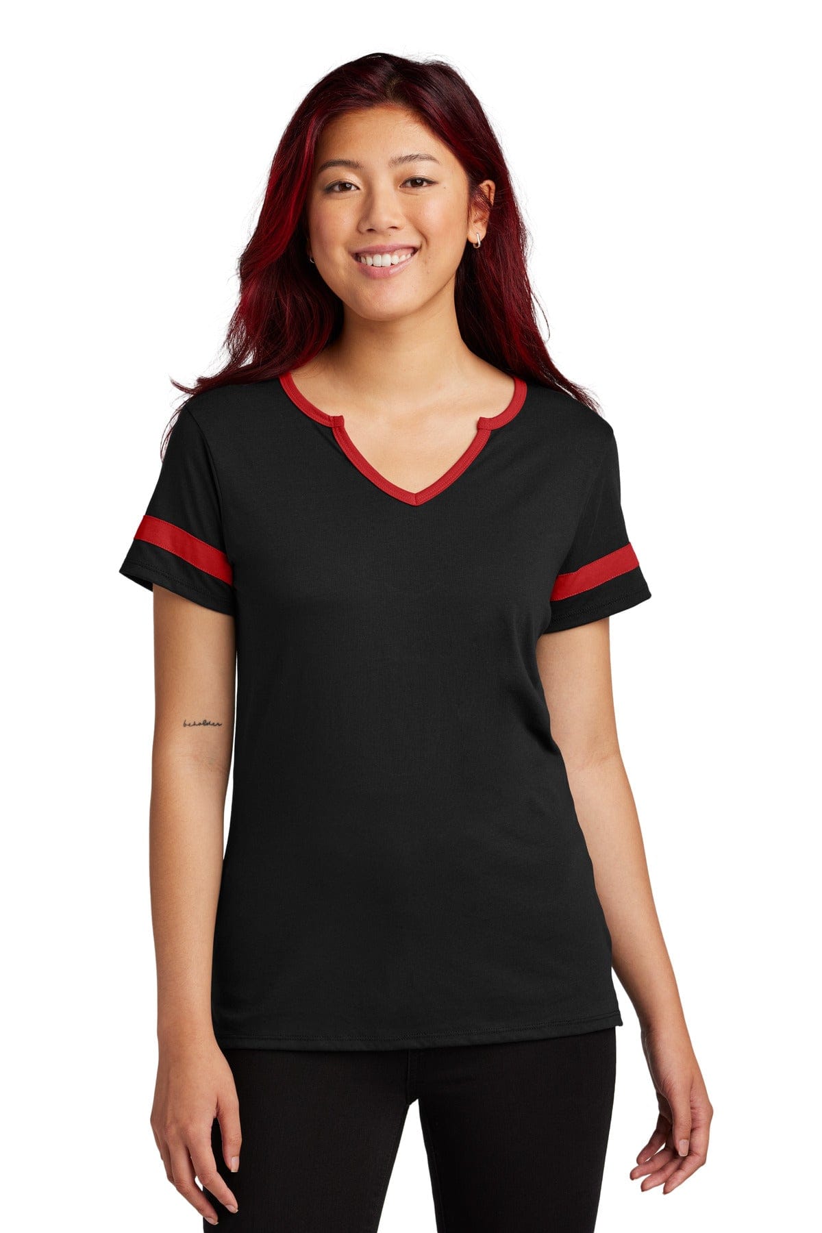 Sport-Tek LST6041 Women's Halftime Notch Neck Tee in Black/ Deep Red
