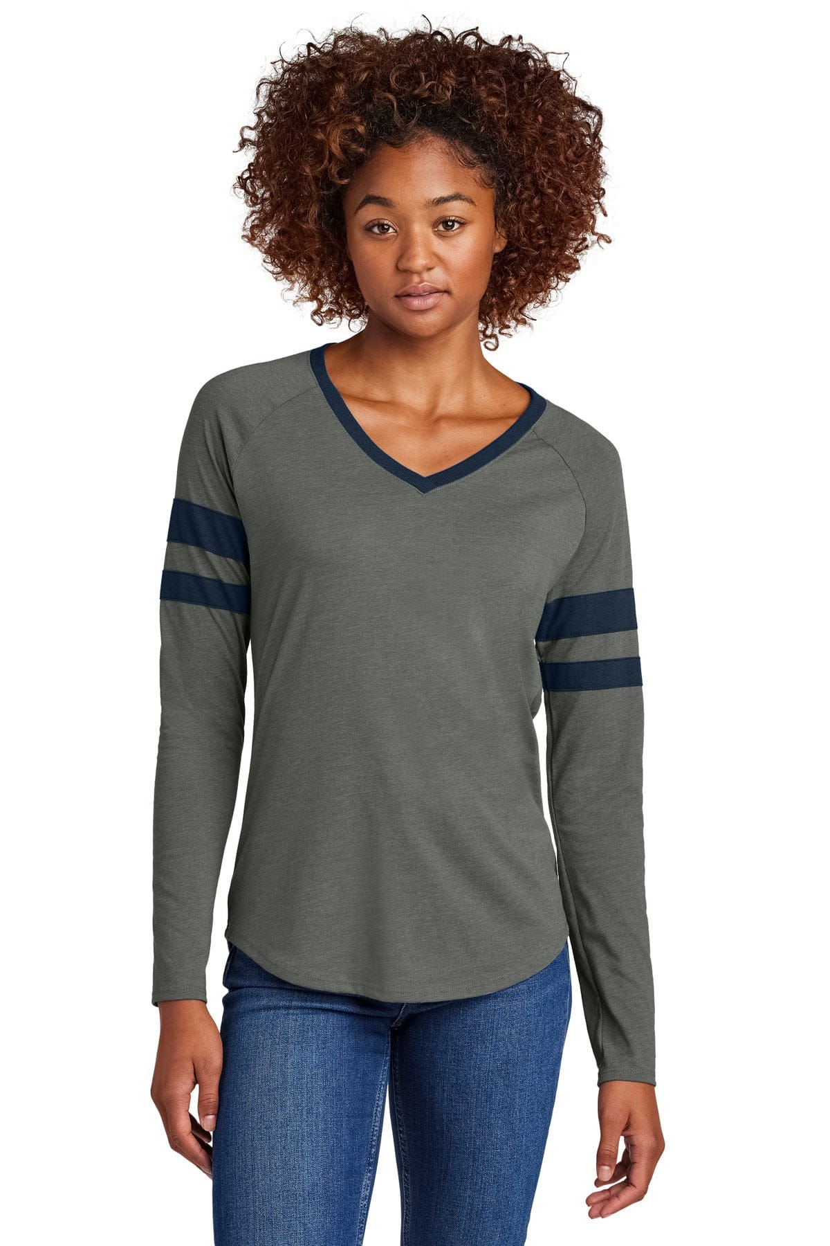 Sport-Tek LST6043 Women's Halftime Stripe Long Sleeve V-Neck Tee in True Navy/ Vintage Heather