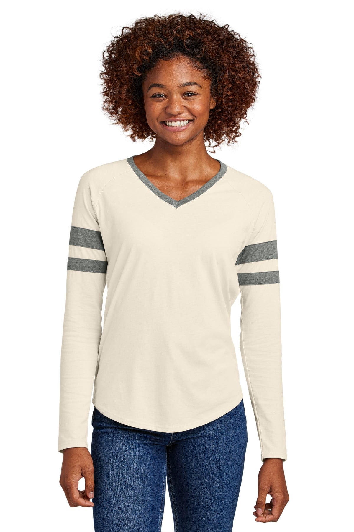 Sport-Tek LST6043 Women's Halftime Stripe Long Sleeve V-Neck Tee in Vintage Heather/ Ecru