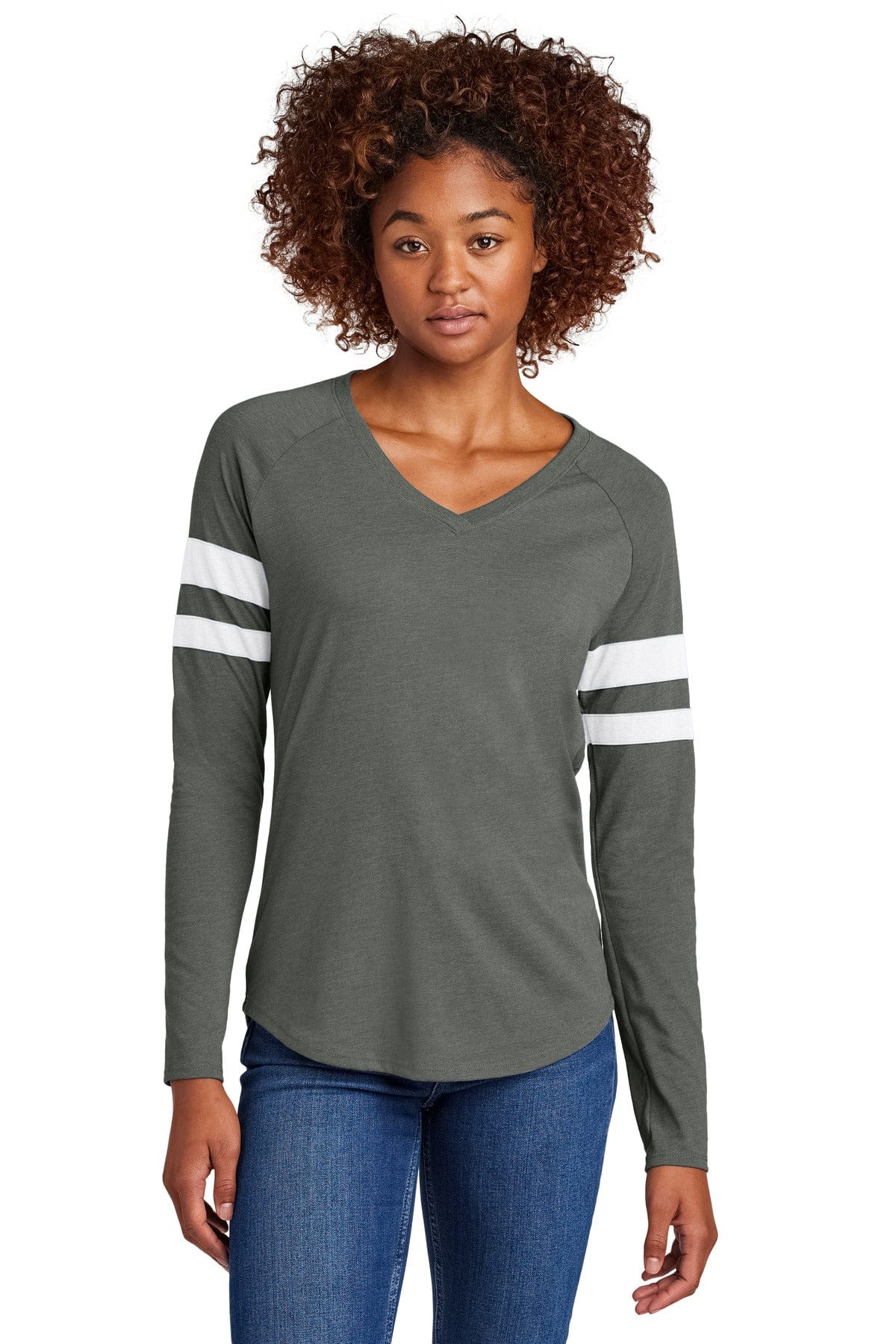 Sport-Tek LST6043 Women's Halftime Stripe Long Sleeve V-Neck Tee in White/ Vintage Heather