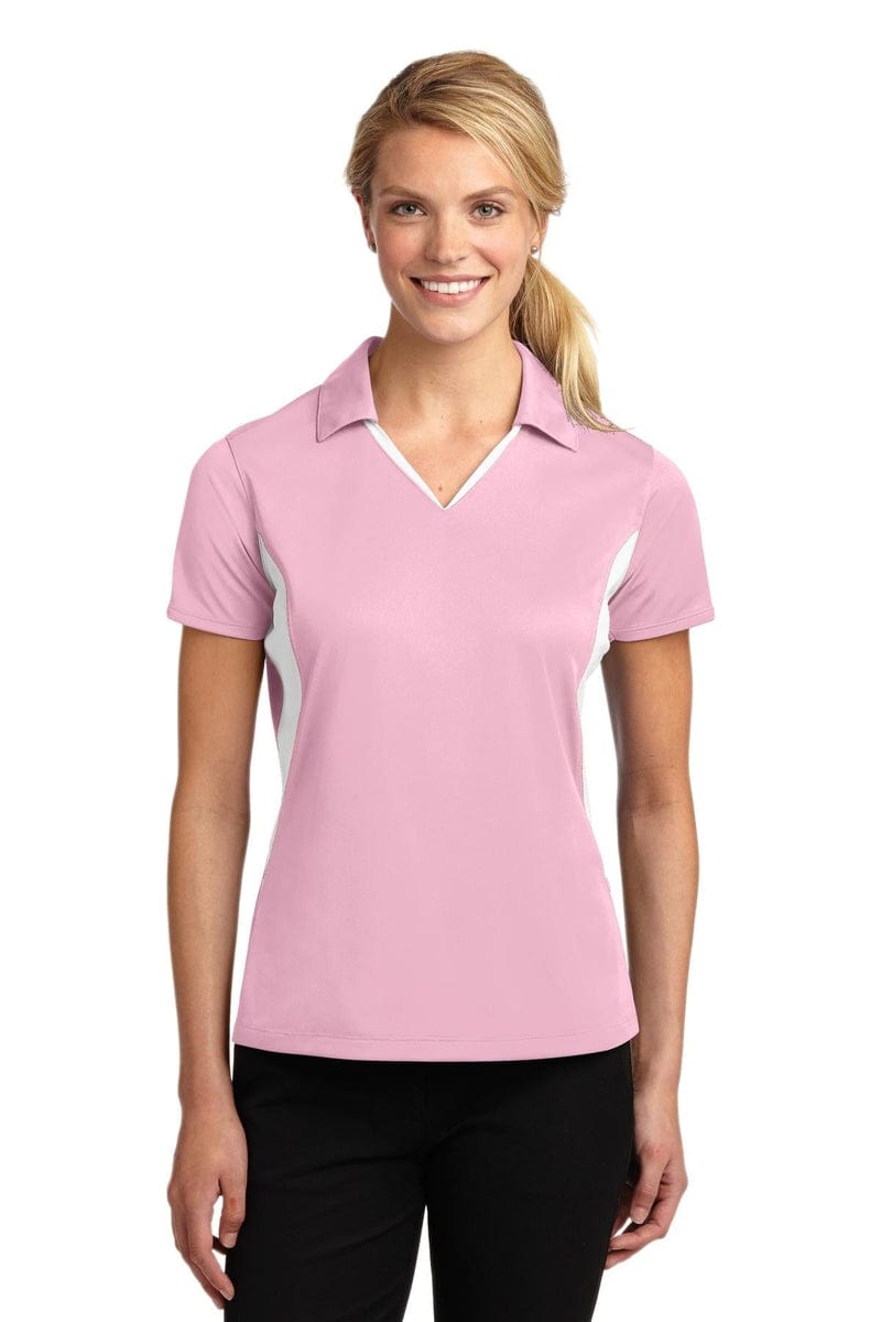 Sport-Tek LST655 Ladies Side Blocked Micropique Sport-Wick Polo in Light Pink/ White