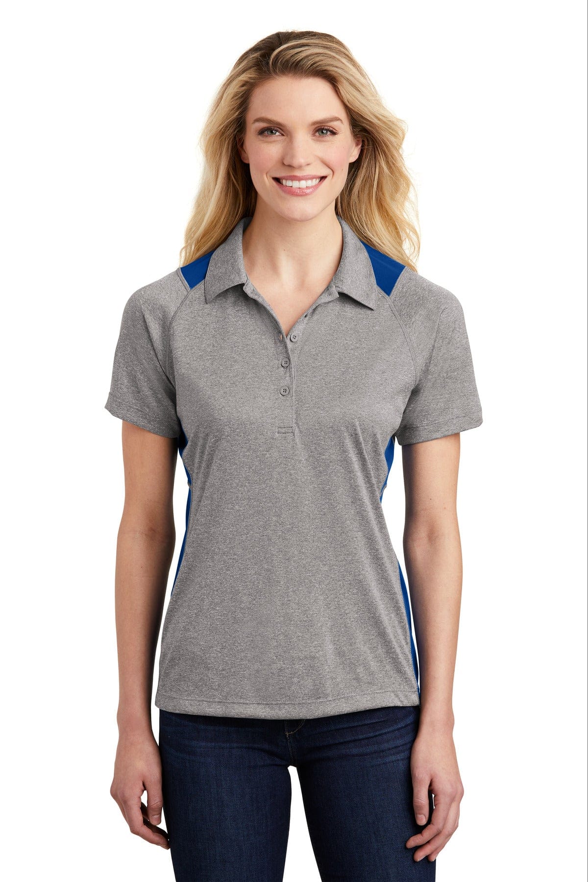 Sport-Tek LST665 Ladies Heather Colorblock Contender Polo in Vintage Heather/ True Royal