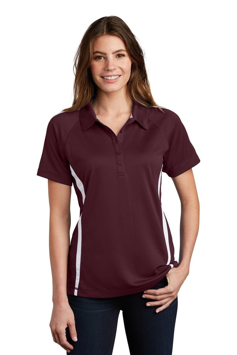 Sport-Tek LST685 Ladies PosiCharge Micro-Mesh Colorblock Polo in Maroon/ White