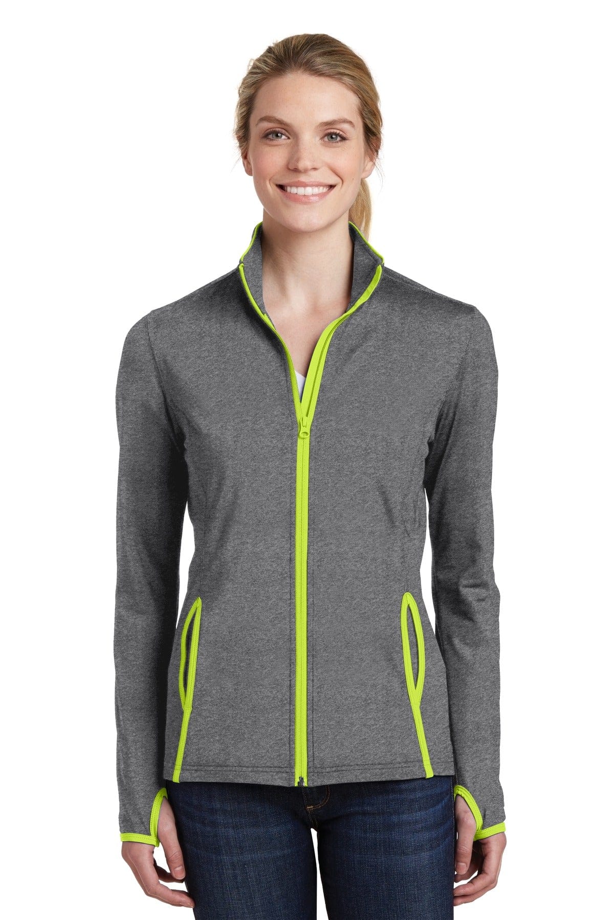Sport-Tek Outerwear XS / Charcoal Grey Heather/ Charge Green Sport-Tek LST853 Ladies Sport-Wick Stretch Contrast Full-Zip Jacket