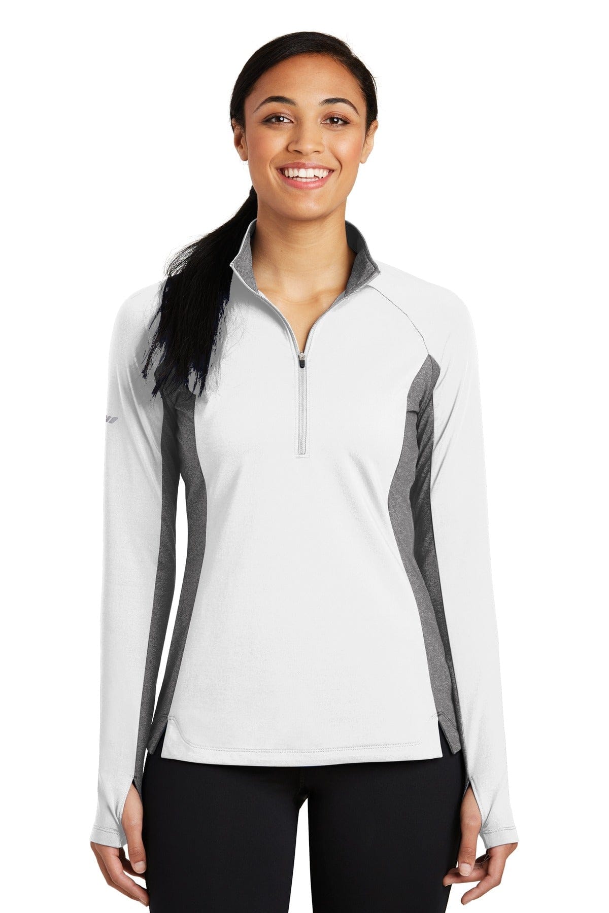Sport-Tek LST854 Ladies Sport-Wick Stretch Contrast 1/2-Zip Pullover in White/ Charcoal Grey Heather