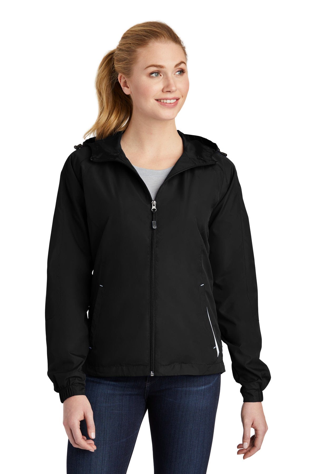 Sport-Tek Outerwear XS / Black/ White Sport-Tek Ladies Colorblock Hooded Raglan Jacket. LST76