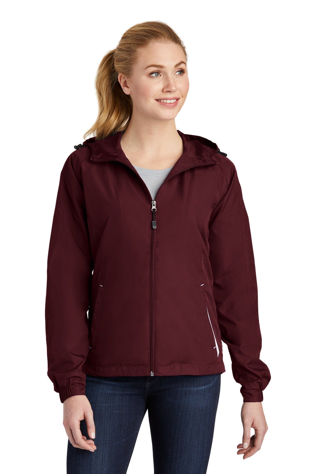 Sport-Tek Outerwear XS / Maroon/ White Sport-Tek Ladies Colorblock Hooded Raglan Jacket. LST76