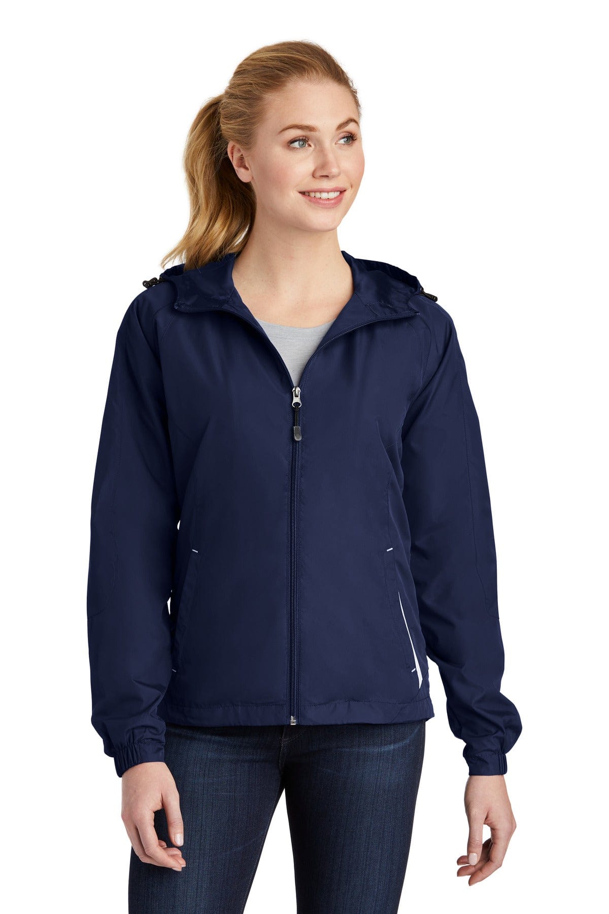 Sport-Tek Outerwear XS / True Navy/ White Sport-Tek Ladies Colorblock Hooded Raglan Jacket. LST76