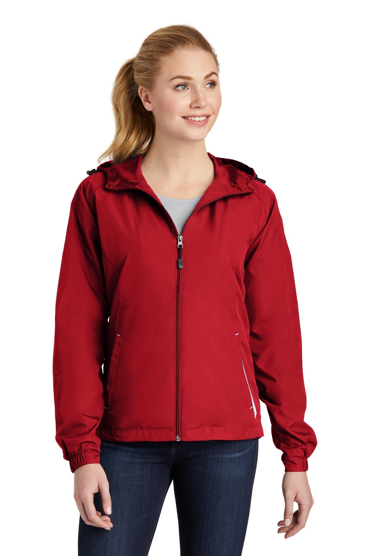 Sport-Tek Outerwear XS / True Red/ White Sport-Tek Ladies Colorblock Hooded Raglan Jacket. LST76