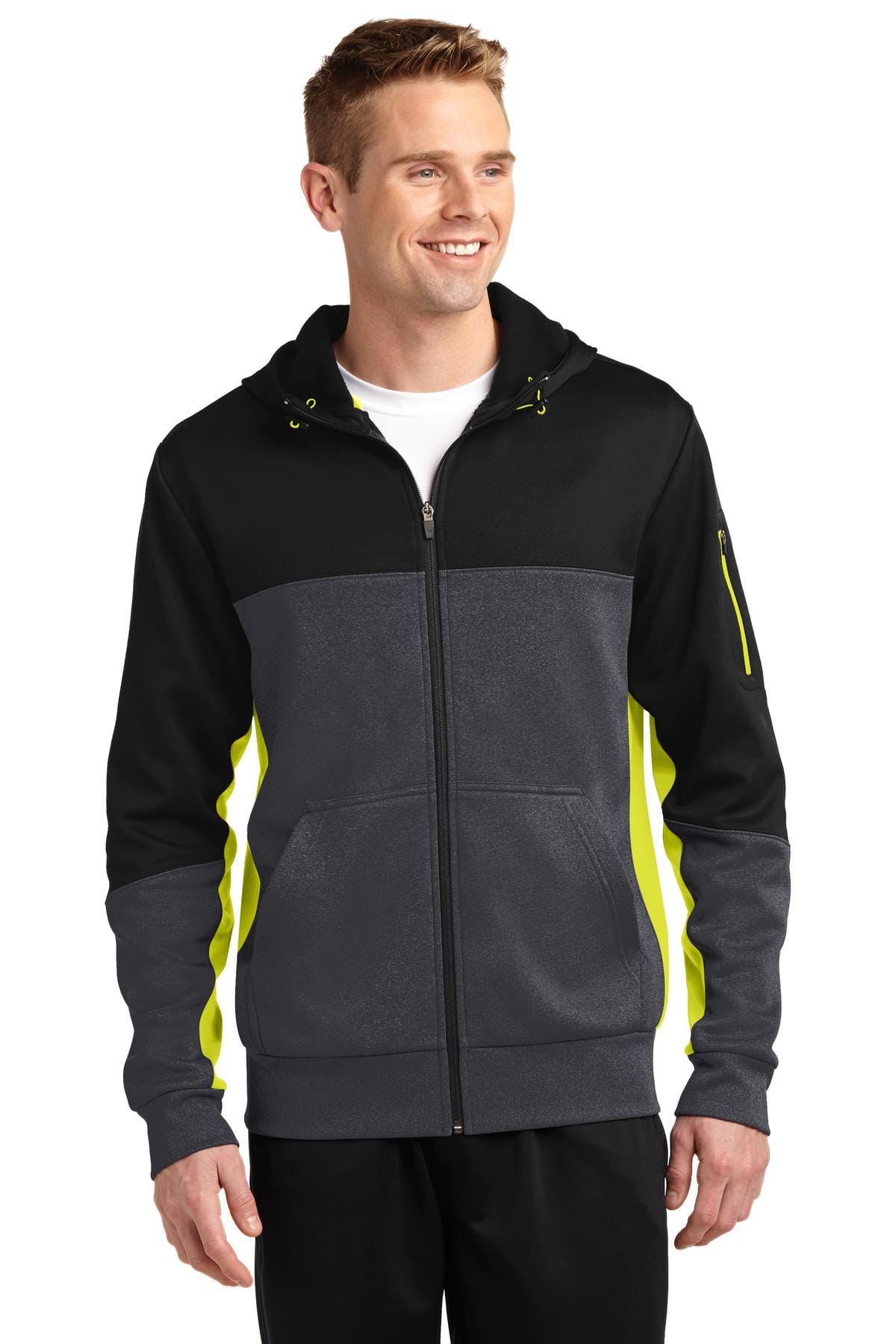 Sport-Tek ST245 Tech Fleece Colorblock Full-Zip Hooded Jacket in Black/ Graphite Heather/ Citron