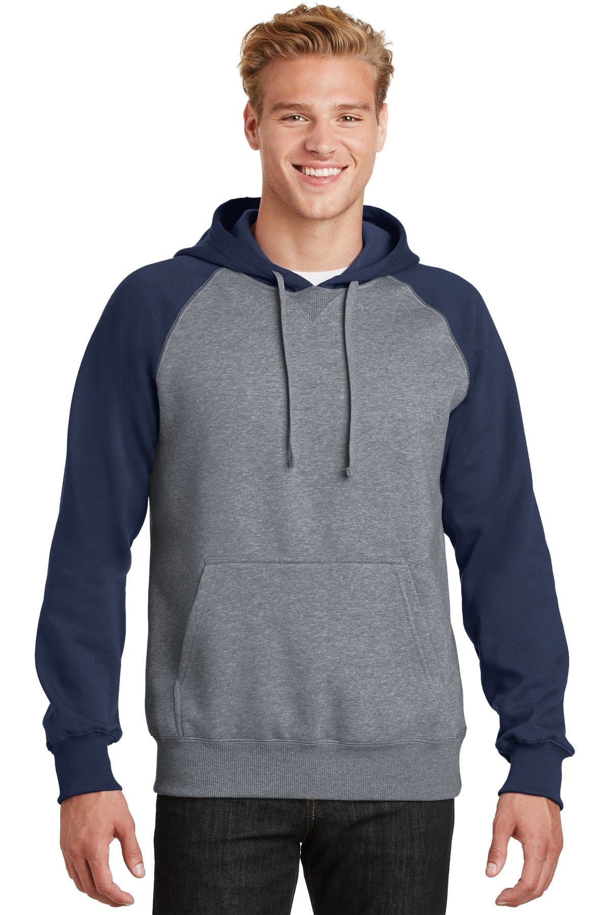 Sport-Tek ST267 Raglan Colorblock Pullover Hooded Sweatshirt in True Navy/ Vintage Heather
