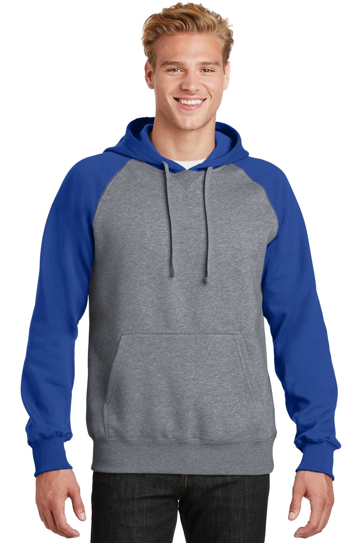 Sport-Tek ST267 Raglan Colorblock Pullover Hooded Sweatshirt in True Royal/ Vintage Heather