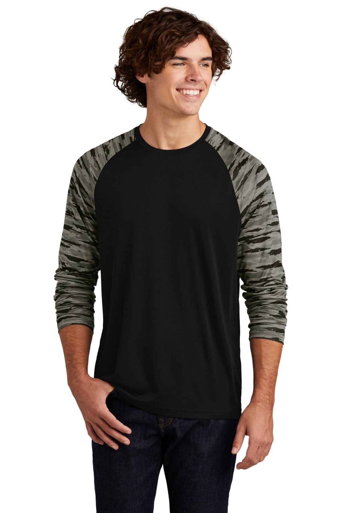 Sport-Tek ST376LS Drift Camo Colorblock Long Sleeve Tee in 