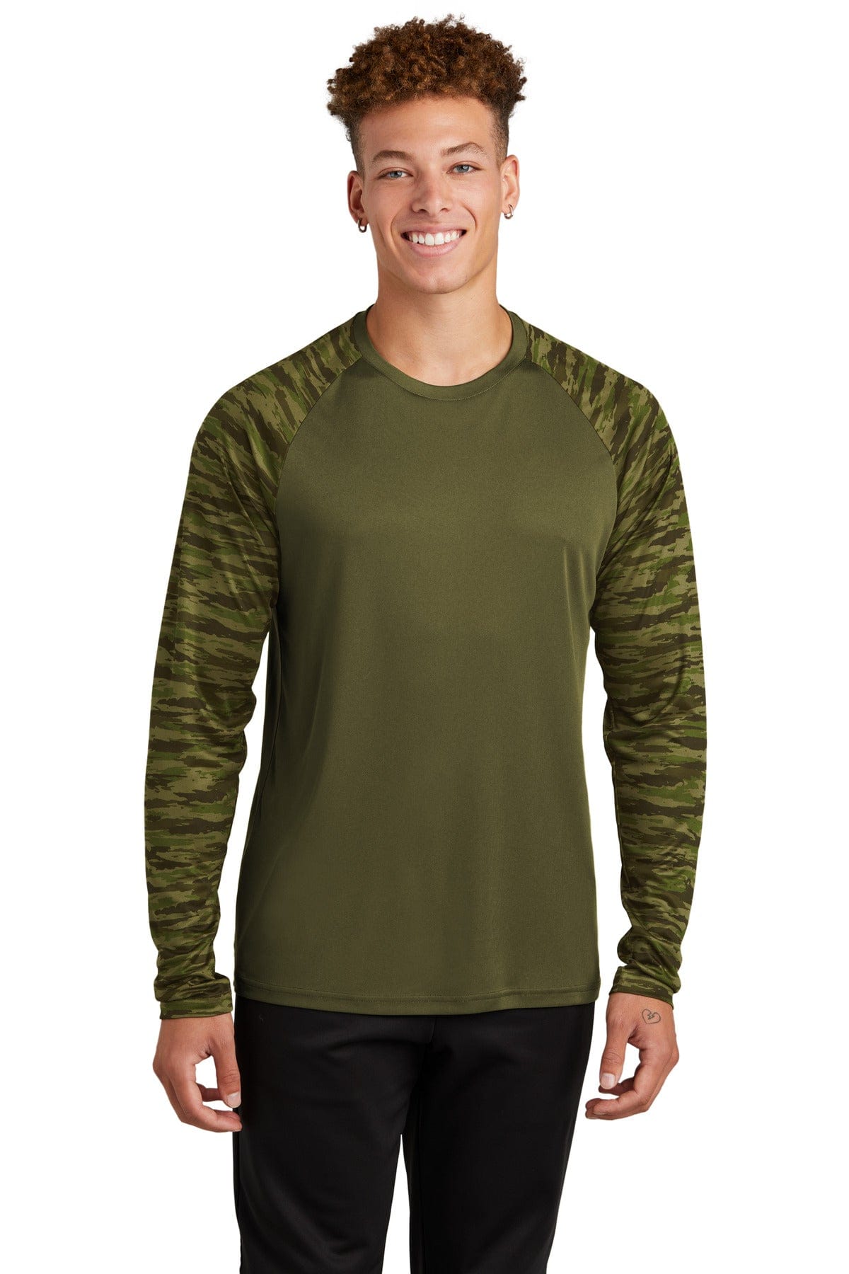 Sport-Tek ST376LS Drift Camo Colorblock Long Sleeve Tee in Olive Drab Green