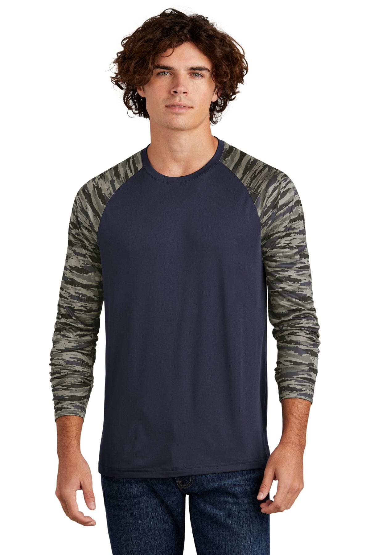 Sport-Tek ST376LS Drift Camo Colorblock Long Sleeve Tee in True Navy
