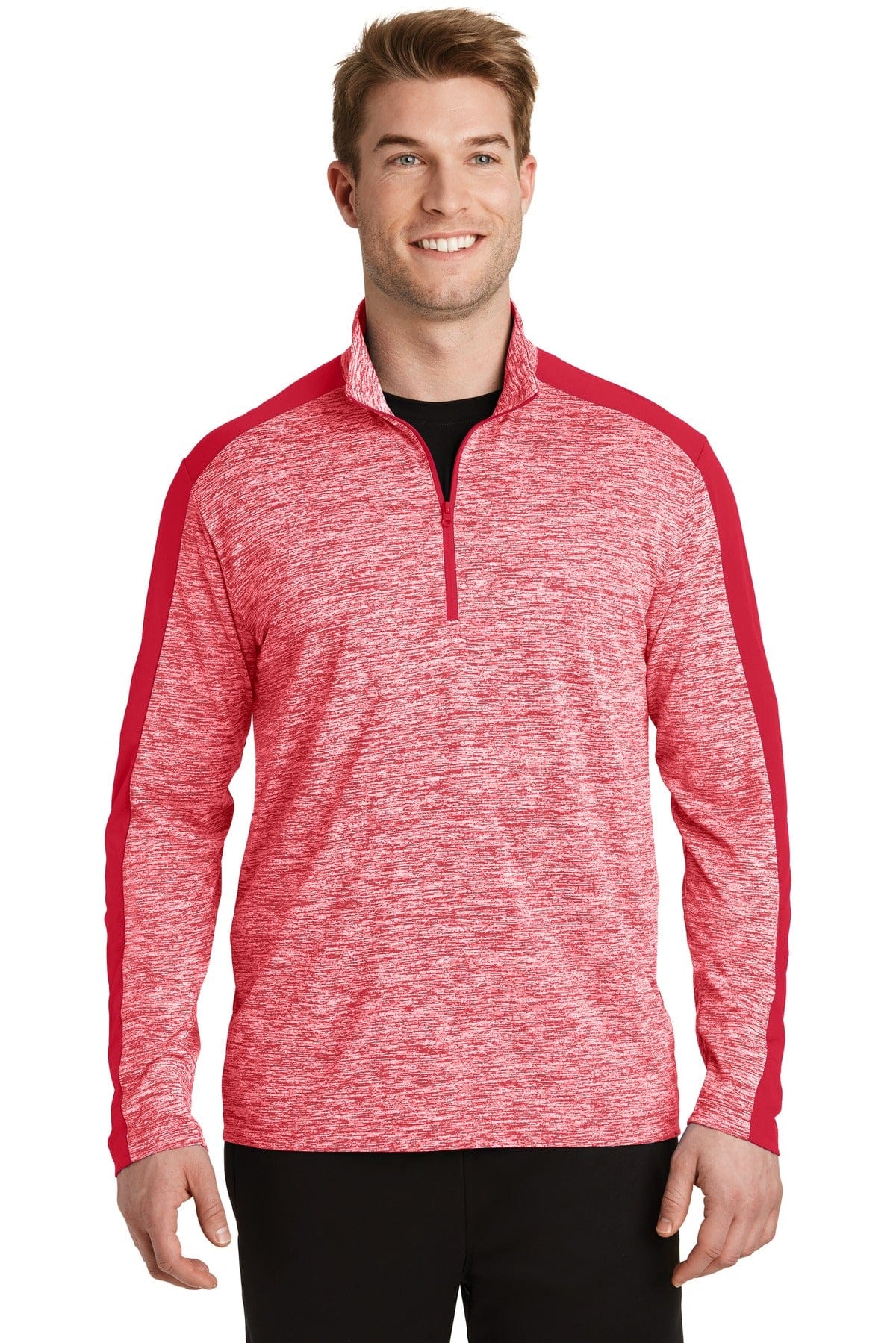 Sport-Tek ST397 PosiCharge Electric Heather Colorblock 1/4-Zip Pullover in Deep Red Electric/ Deep Red