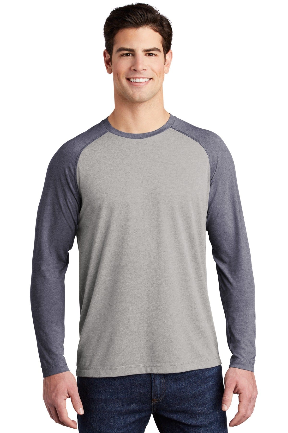 Sport-Tek T-Shirts XS / True Navy Heather/ Light Grey Heather Sport-Tek ST400LS PosiCharge Long Sleeve Tri-Blend Wicking Raglan Tee