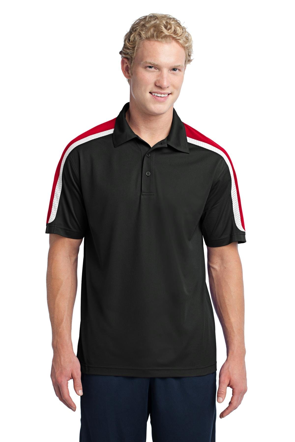 Sport-Tek ST658 Tricolor Shoulder Micropique Sport-Wick Polo in Black/ True Red/ White