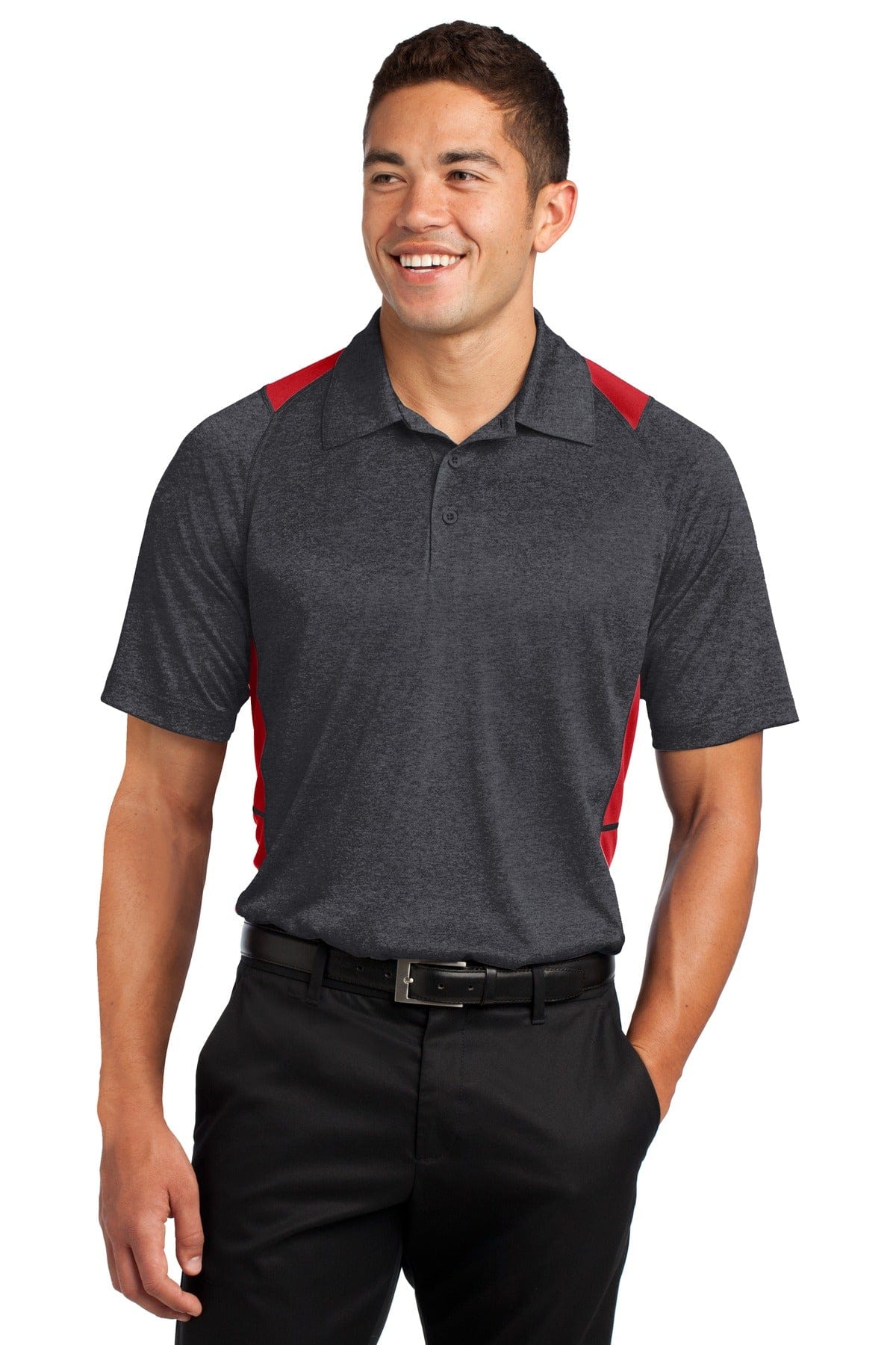 Sport-Tek ST665 Heather Colorblock Contender Polo in Graphite Heather/ True Red