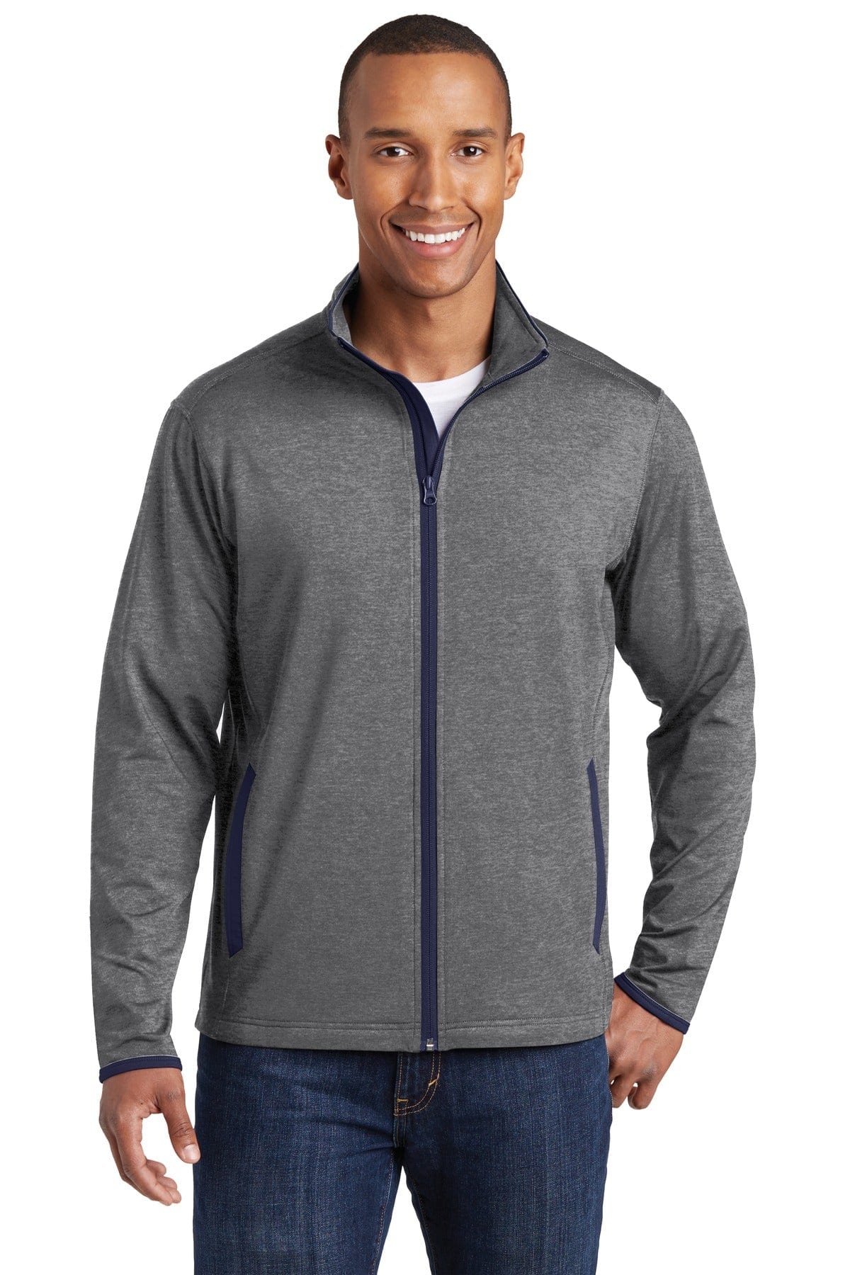 Sport-Tek Outerwear XS / Charcoal Grey Heather/ True Navy Sport-Tek ST853 Sport-Wick Stretch Contrast Full-Zip Jacket