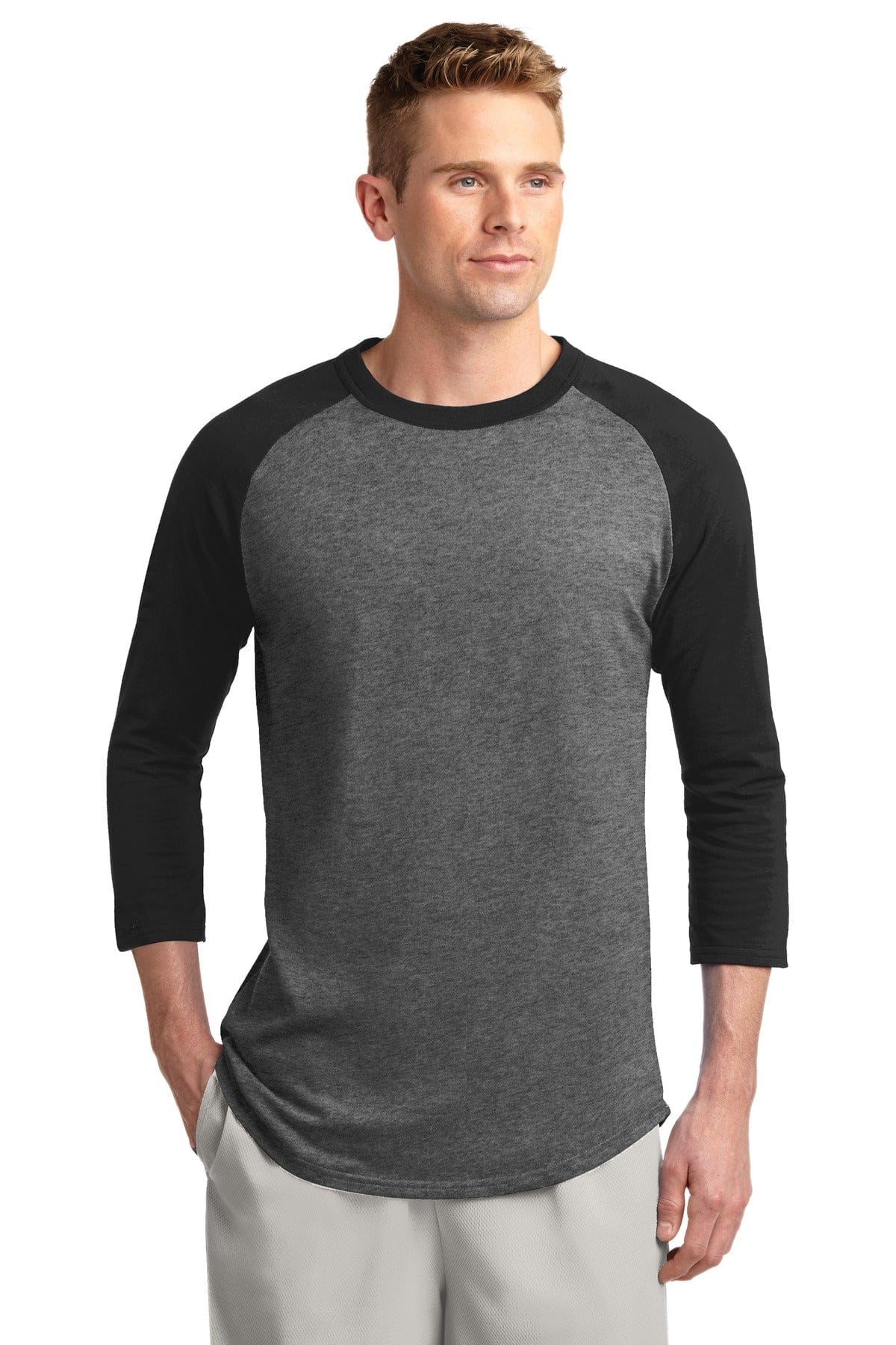 Sport-Tek T200 Colorblock Raglan Jersey in Dark Heather Grey/ Black